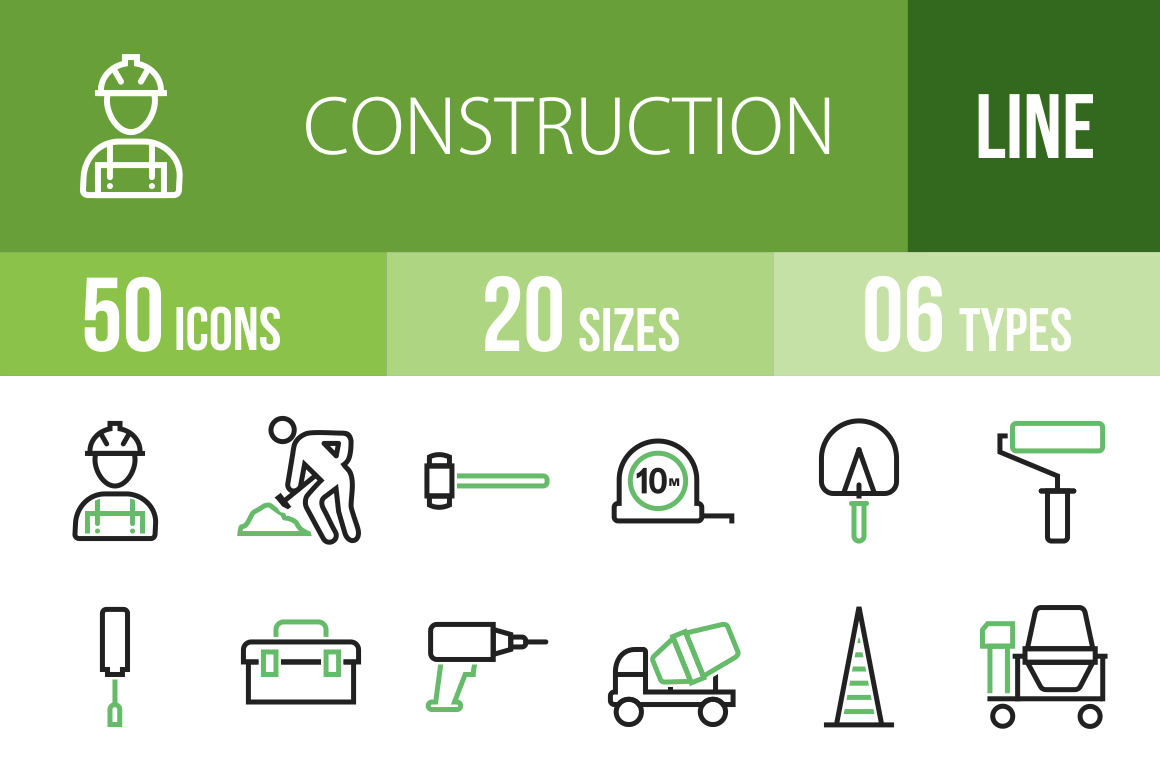 50 Construction Line Green & Black Icons - Overview - IconBunny