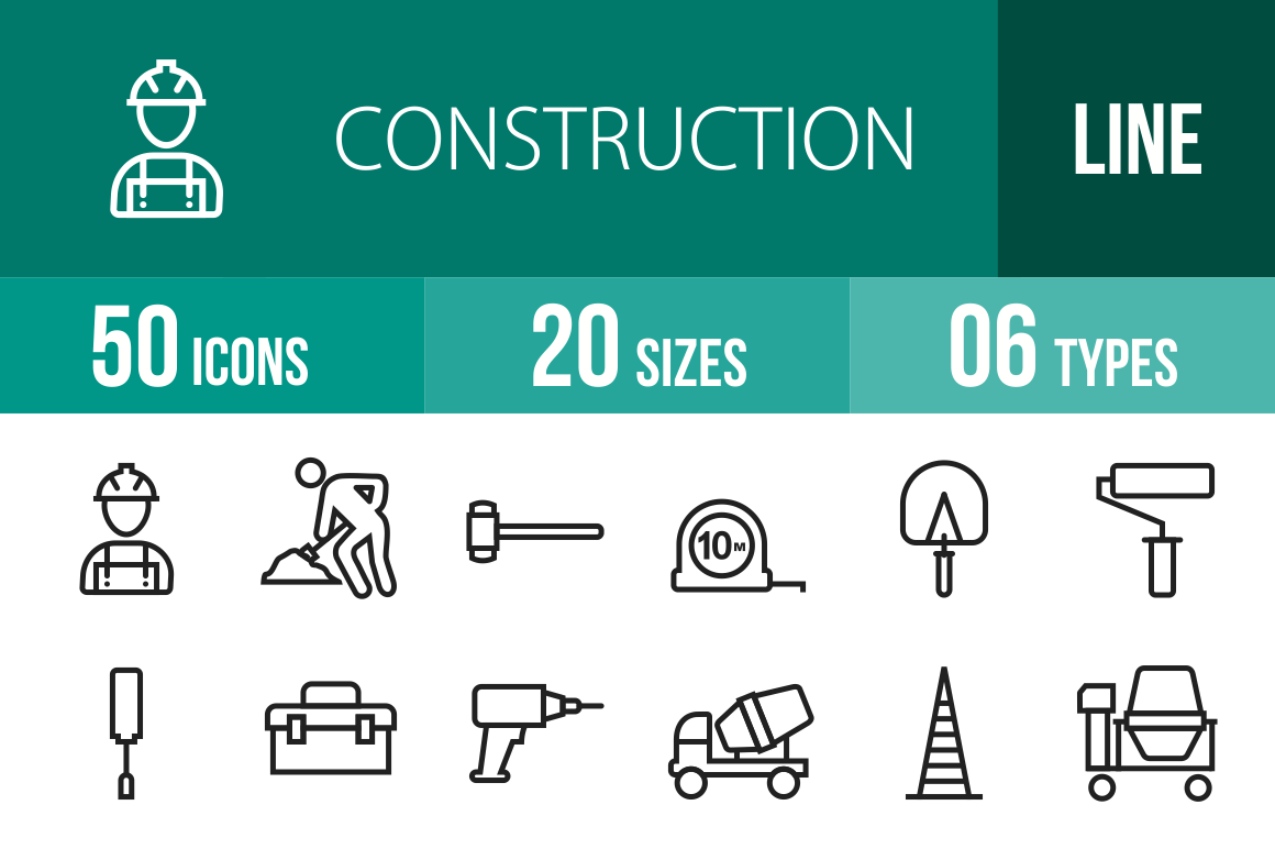 50 Construction Line Icons - Overview - IconBunny