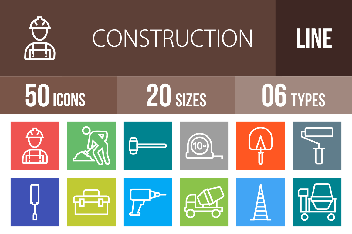 50 Construction Line Multicolor B/G Icons - Overview - IconBunny