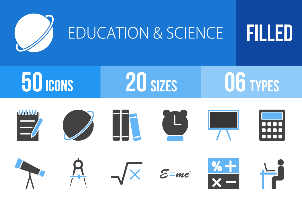 50 Education & Science Blue & Black Icons - Overview - IconBunny