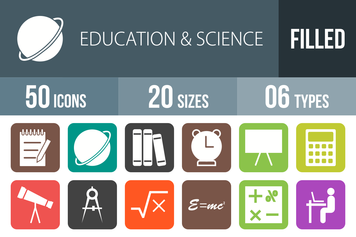 50 Education & Science Flat Round Corner Icons - Overview - IconBunny