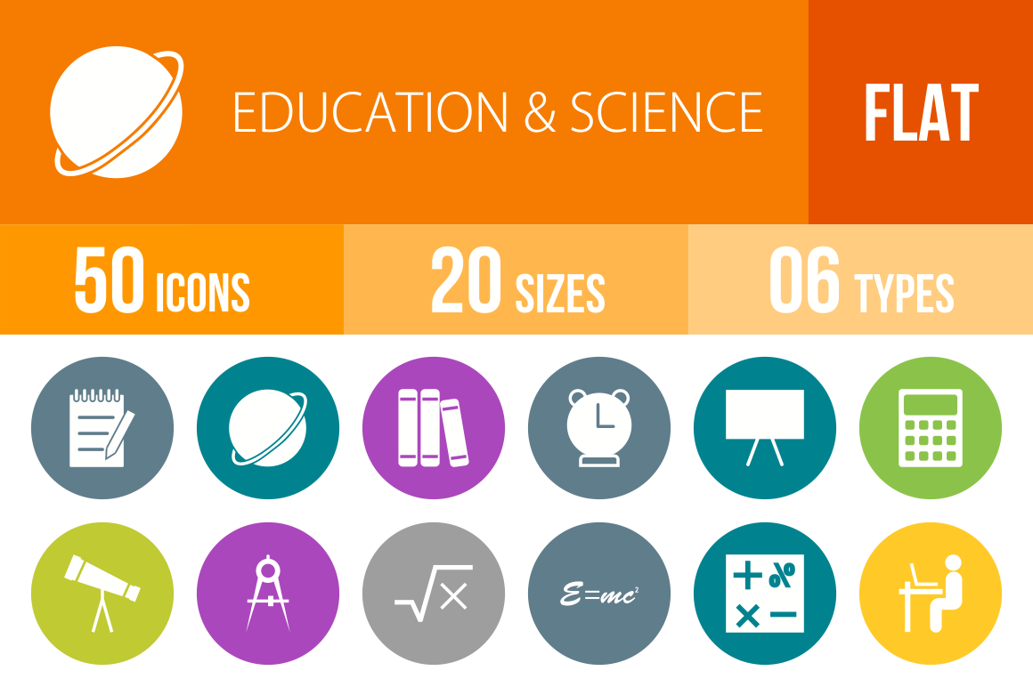 50 Education & Science Flat Round Icons - Overview - IconBunny