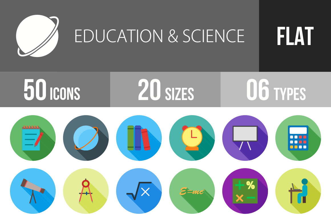 50 Education & Science Flat Shadowed Icons - Overview - IconBunny