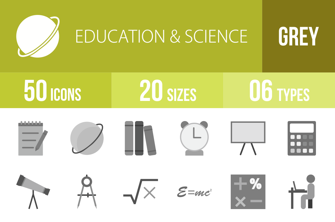 50 Education & Science Greyscale Icons - Overview - IconBunny