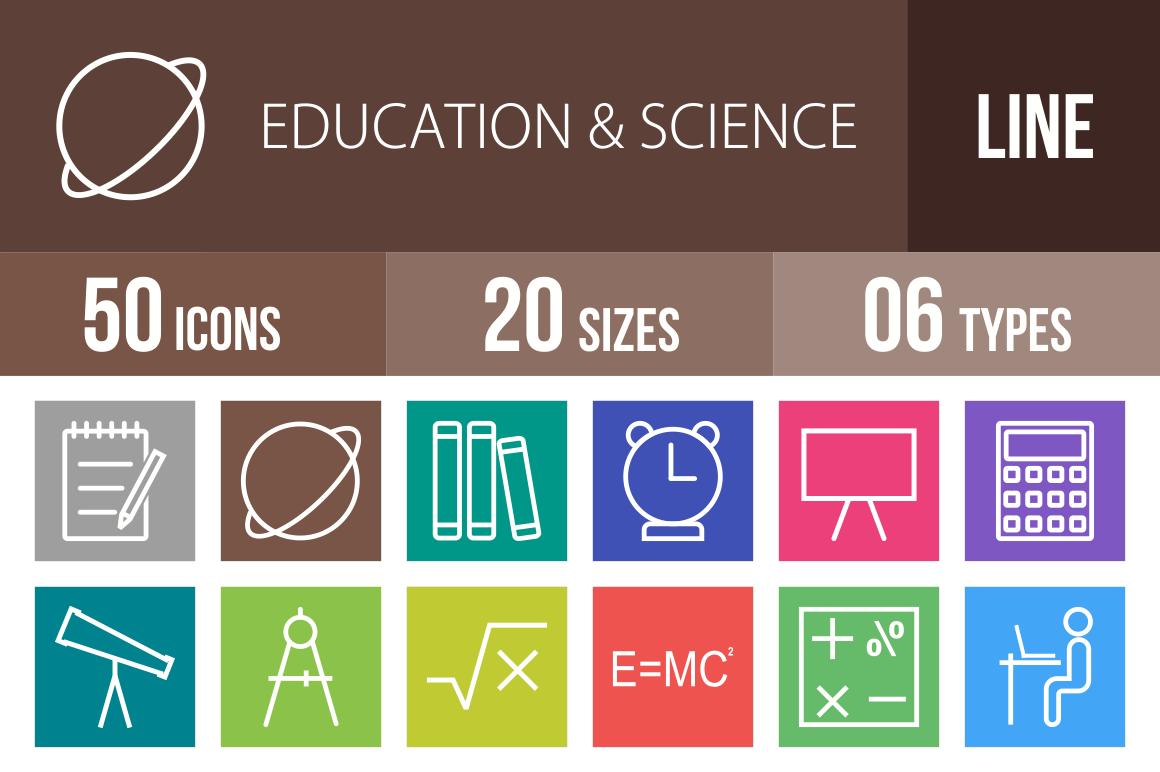 50 Education & Science Line Multicolor B/G Icons - Overview - IconBunny