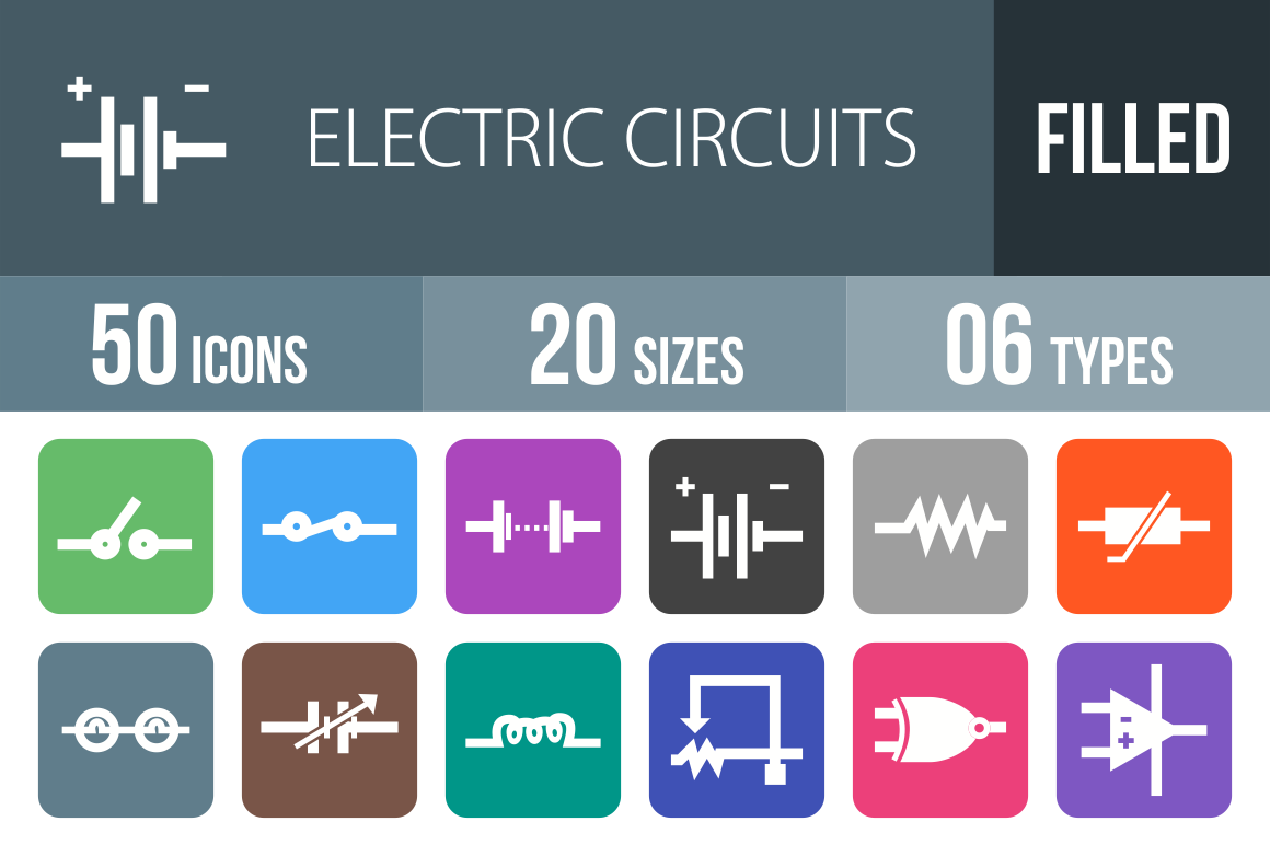 50 Electric Circuits Flat Round Corner Icons - Overview - IconBunny
