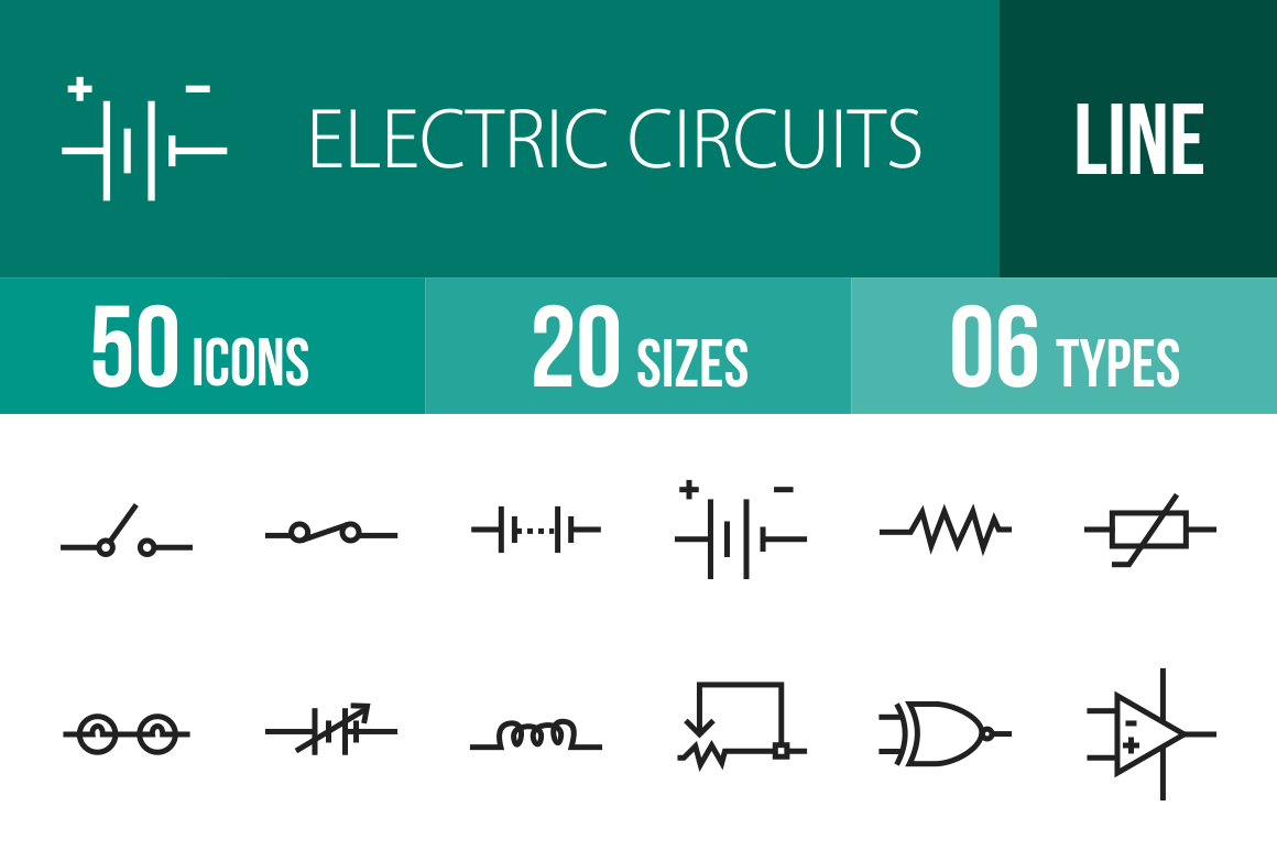 50 Electric Circuits Line Icons - Overview - IconBunny