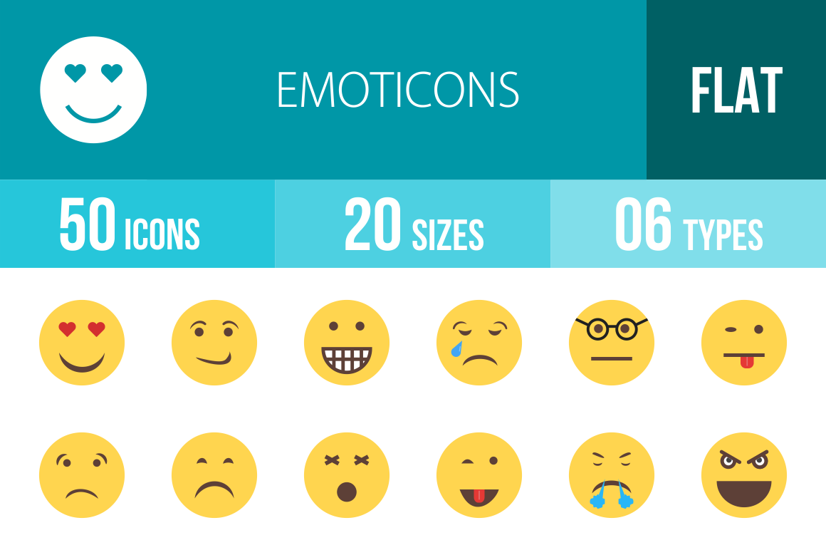 50 Emoticons Flat Multicolor Icons - Overview - IconBunny