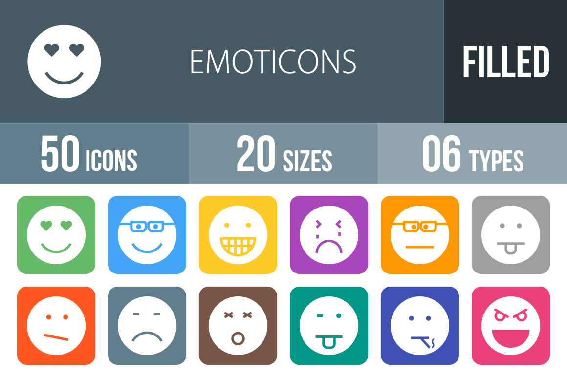 50 Emoticons Flat Round Corner Icons - Overview - IconBunny