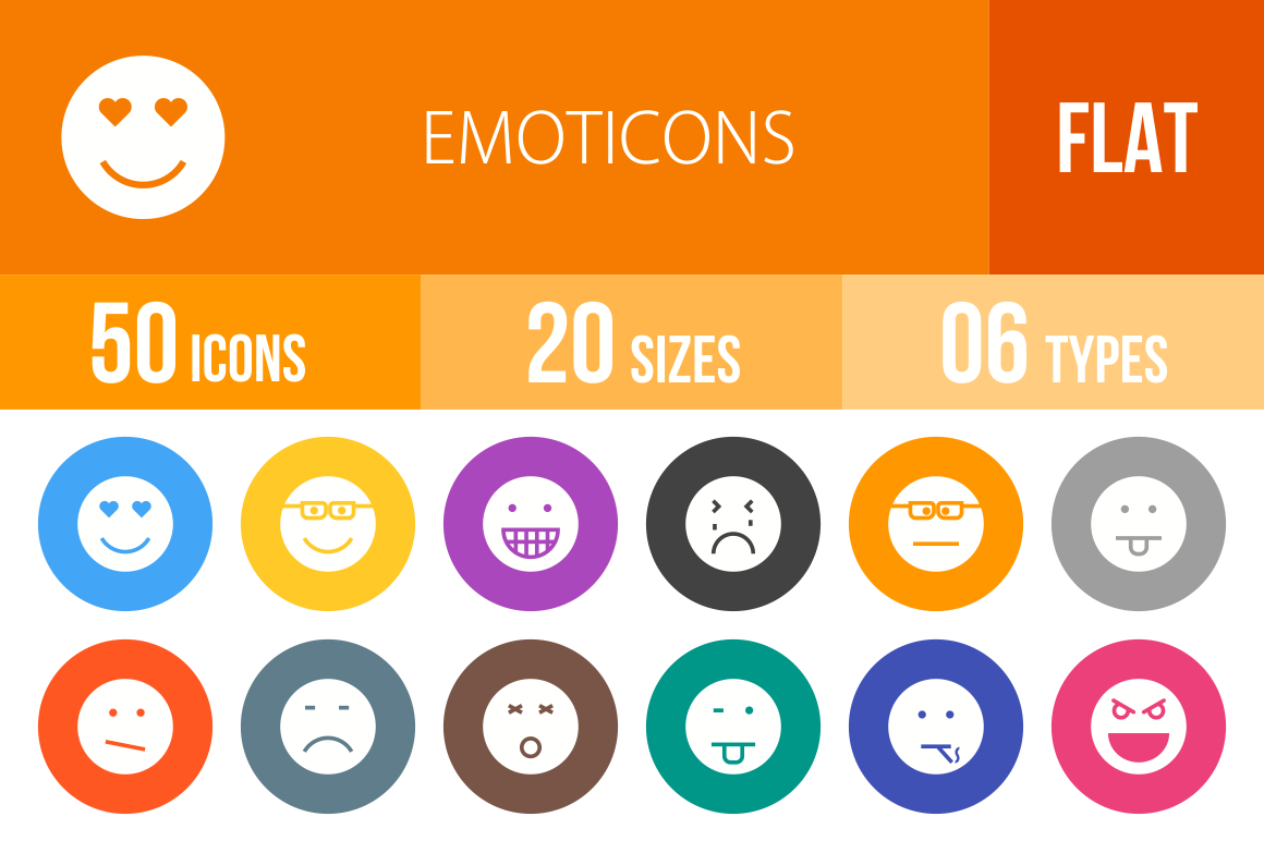 50 Emoticons Flat Round Icons - Overview - IconBunny