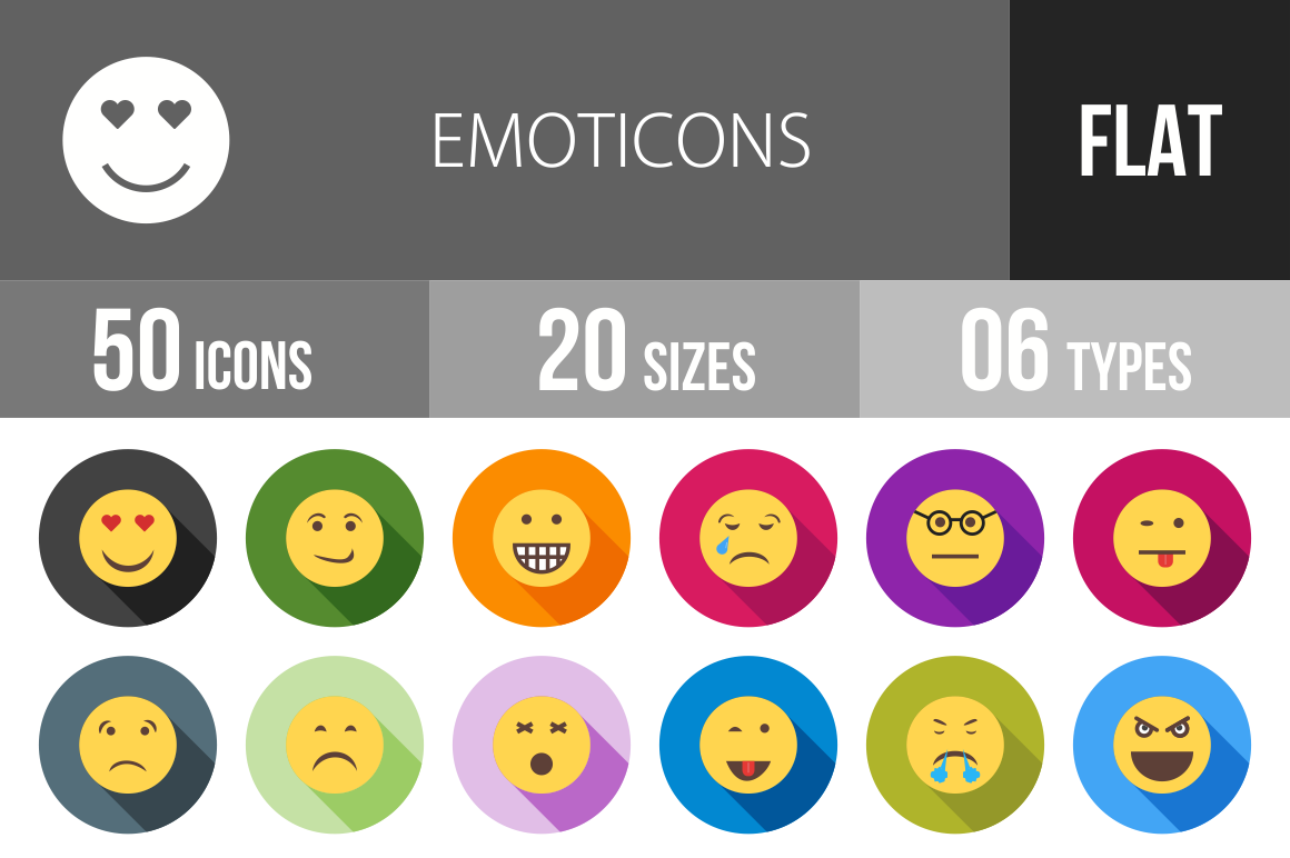 50 Emoticons Flat Shadowed Icons - Overview - IconBunny