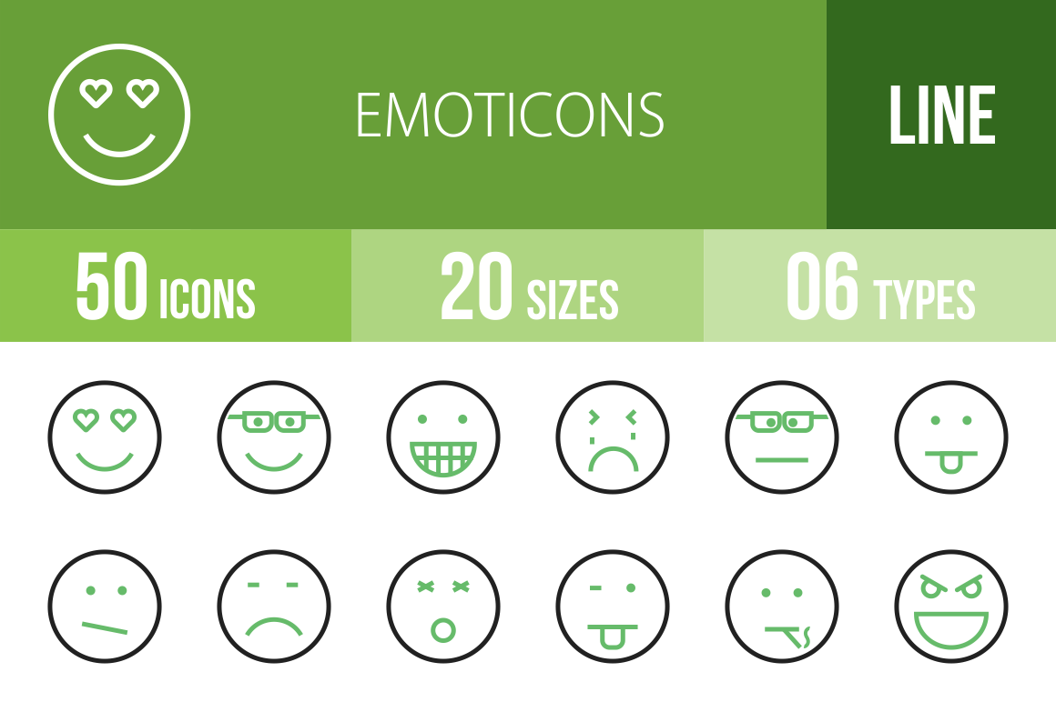 50 Emoticons Line Green & Black Icons - Overview - IconBunny
