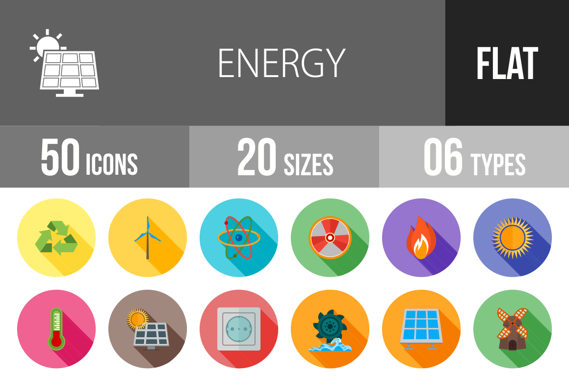 50 Energy Flat Shadowed Icons - Overview - IconBunny