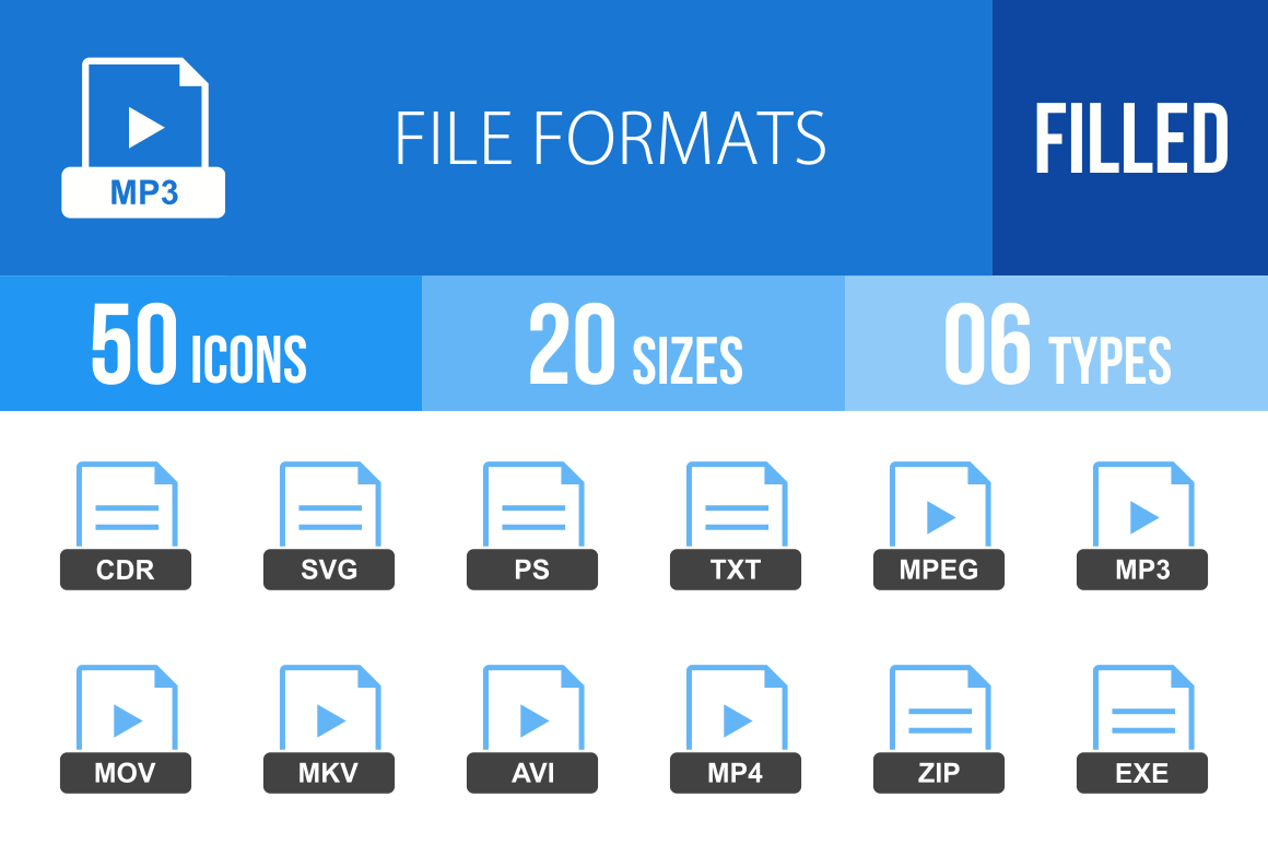 50 File Formats Blue & Black Icons - Overview - IconBunny