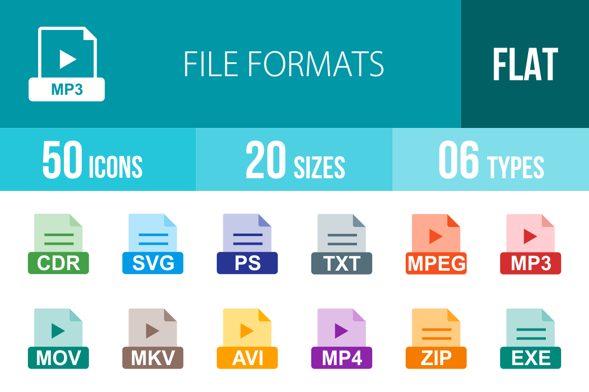 50 File Formats Flat Multicolor Icons - Overview - IconBunny