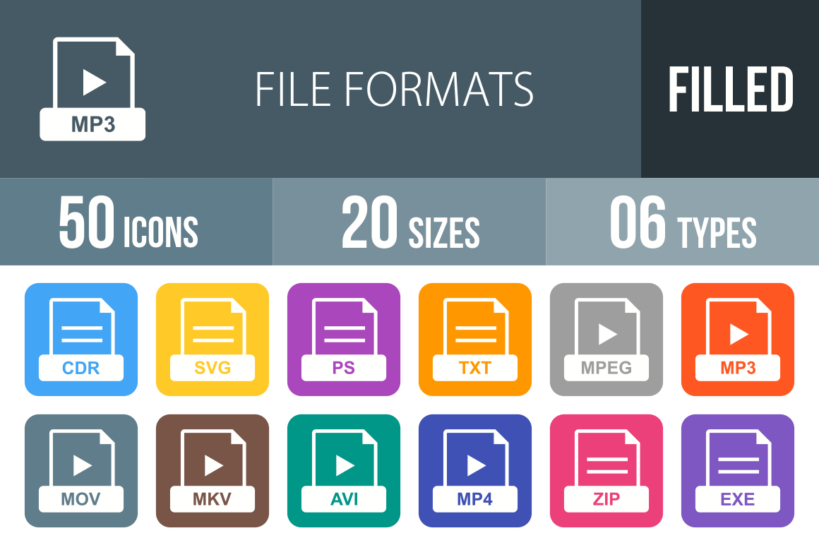50 File Formats Flat Round Corner Icons - Overview - IconBunny