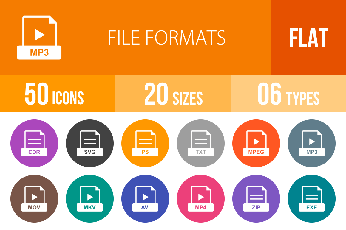 50 File Formats Flat Round Icons - Overview - IconBunny