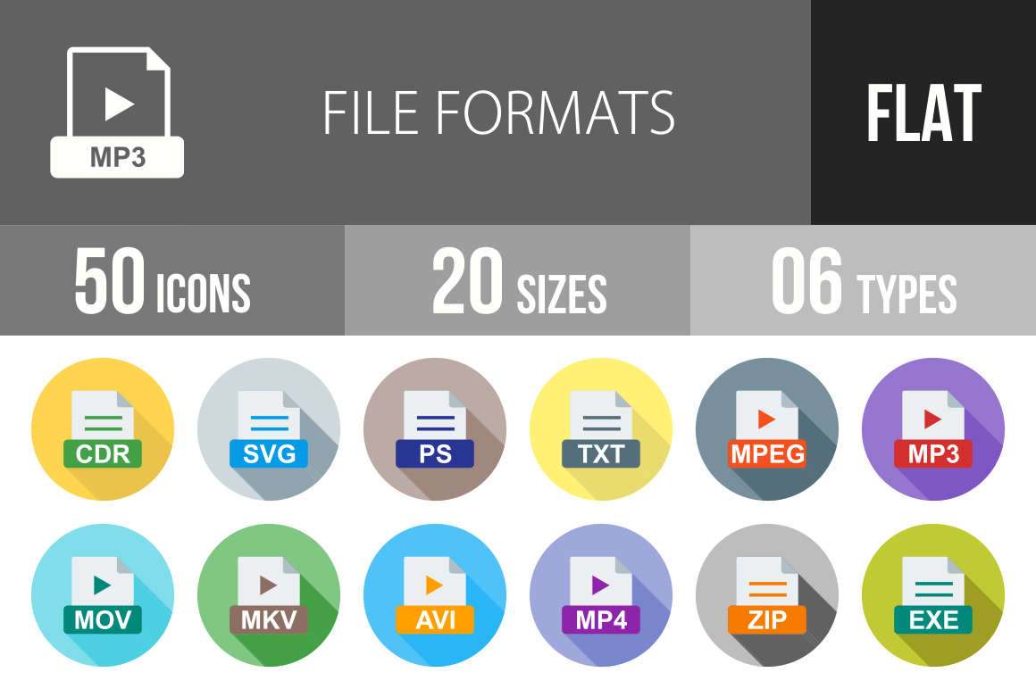 50 File Formats Flat Shadowed Icons - Overview - IconBunny