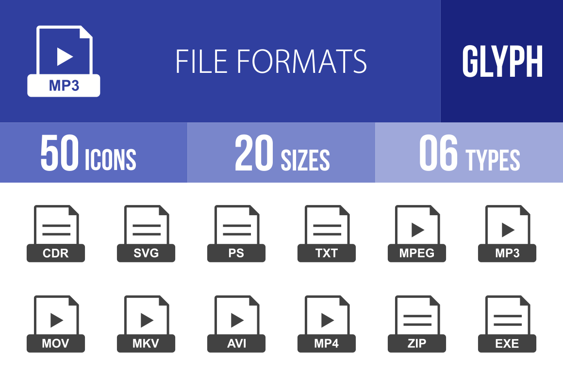 50 File Formats Glyph Icons - Overview - IconBunny