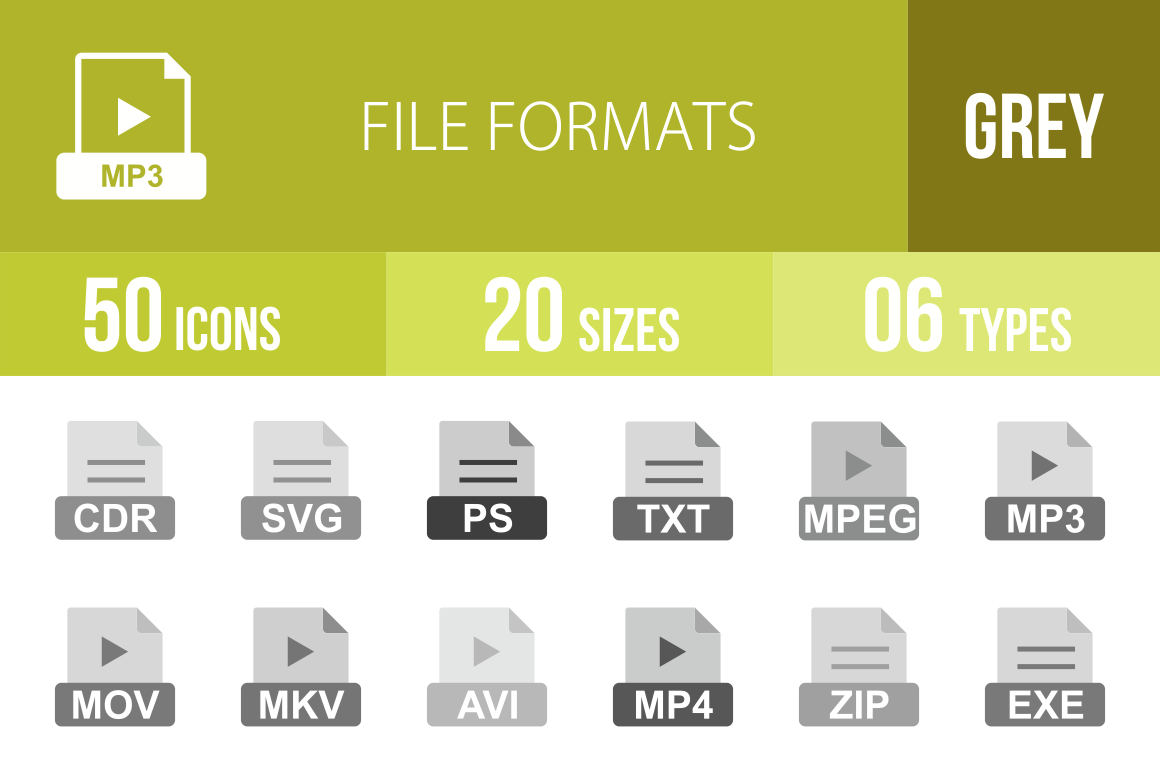 50 File Formats Greyscale Icons - Overview - IconBunny