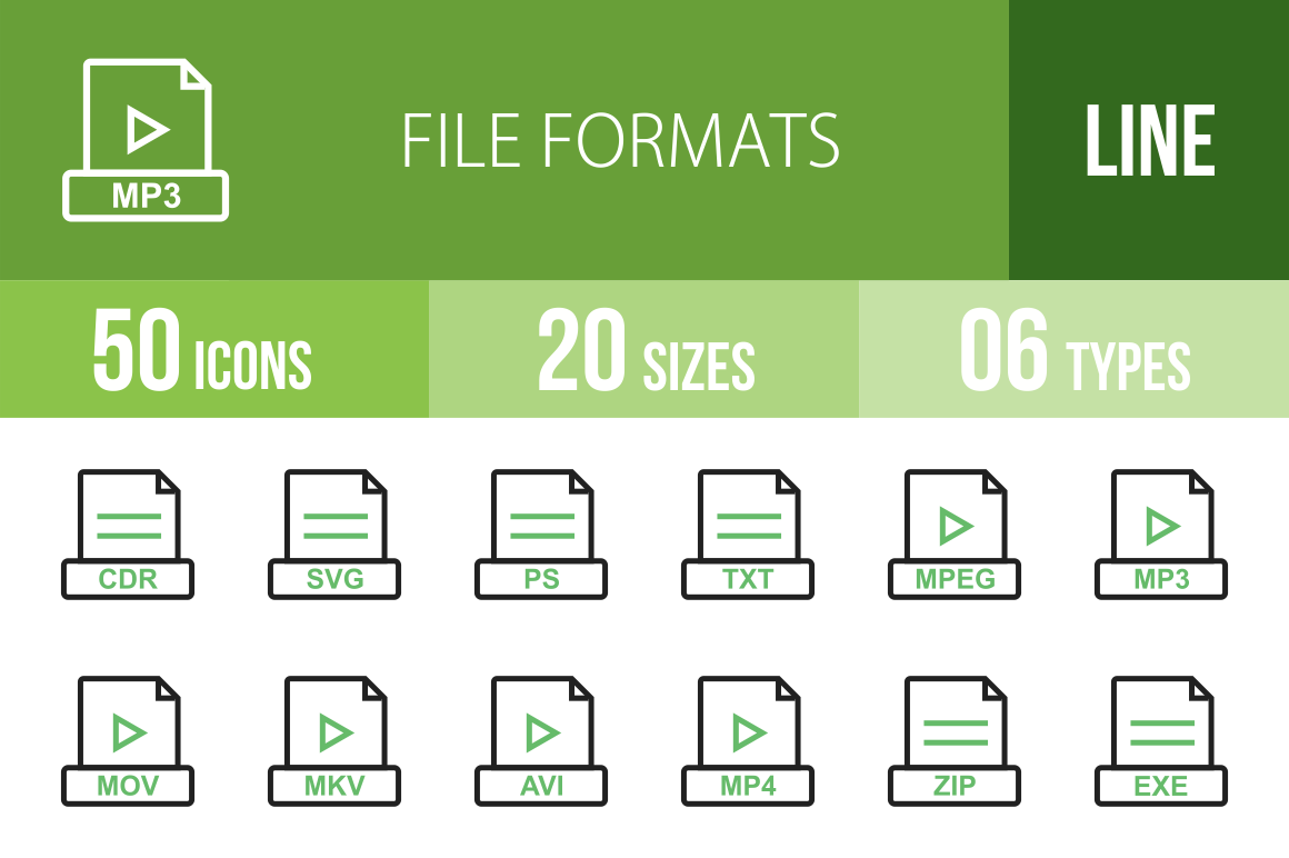 50 File Formats Line Green & Black Icons - Overview - IconBunny