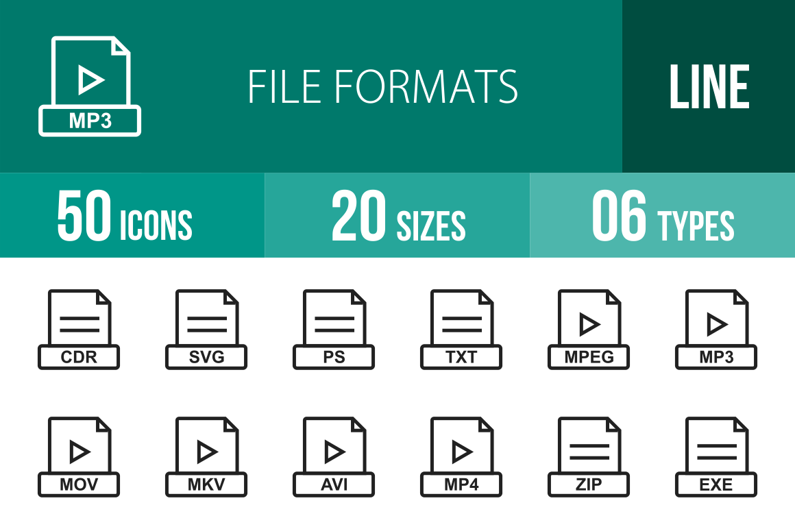 50 File Formats Line Icons - Overview - IconBunny