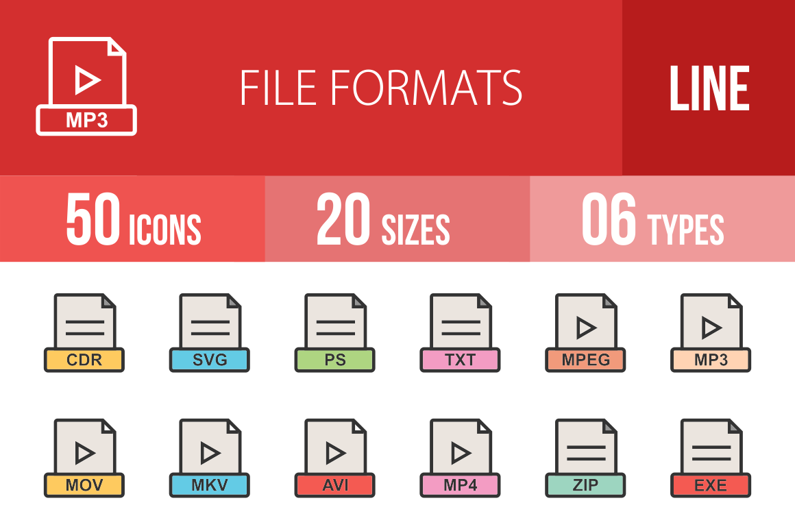 50 File Formats Line Multicolor Filled Icons - Overview - IconBunny