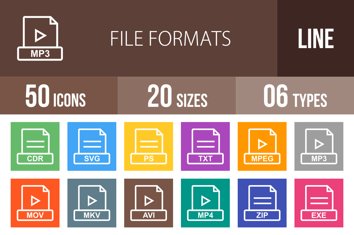 50 File Formats Line Multicolor B/G Icons - Overview - IconBunny