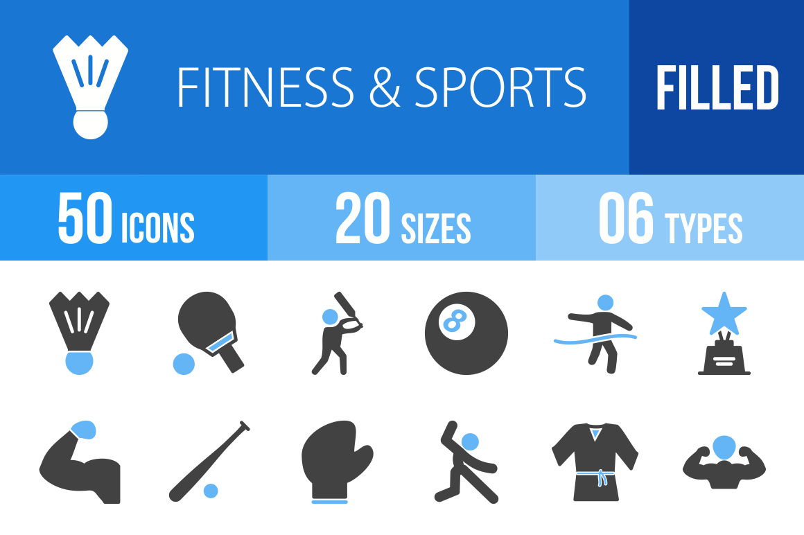 50 Fitness & Sports Blue & Black Icons - Overview - IconBunny