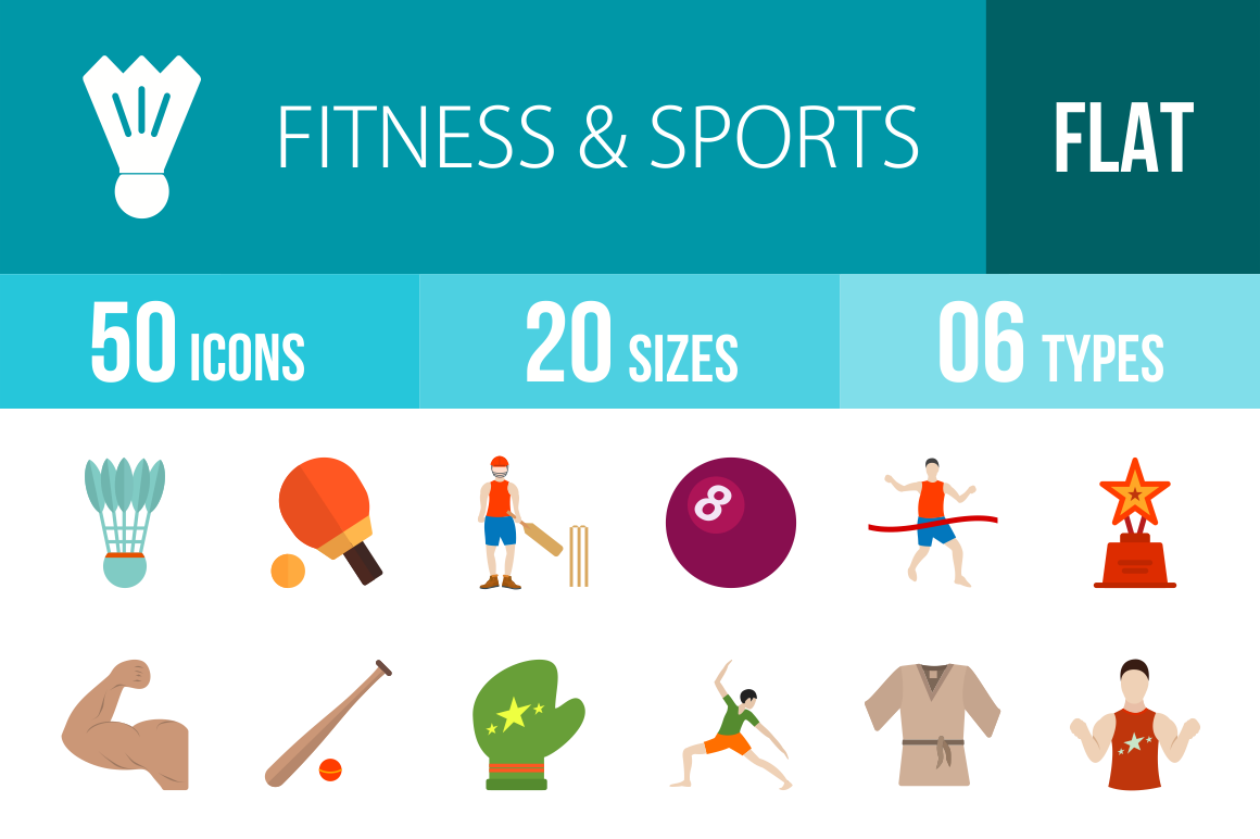 50 Fitness & Sports Flat Multicolor Icons - Overview - IconBunny