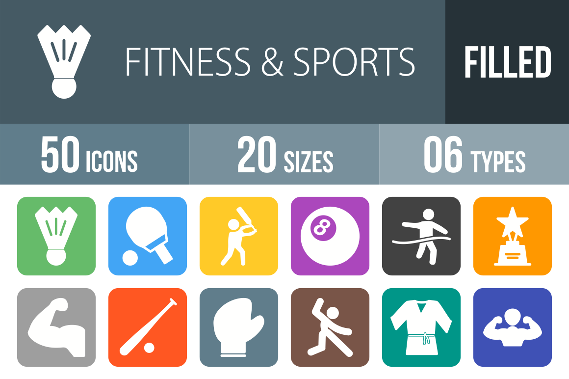 50 Fitness & Sports Flat Round Corner Icons - Overview - IconBunny