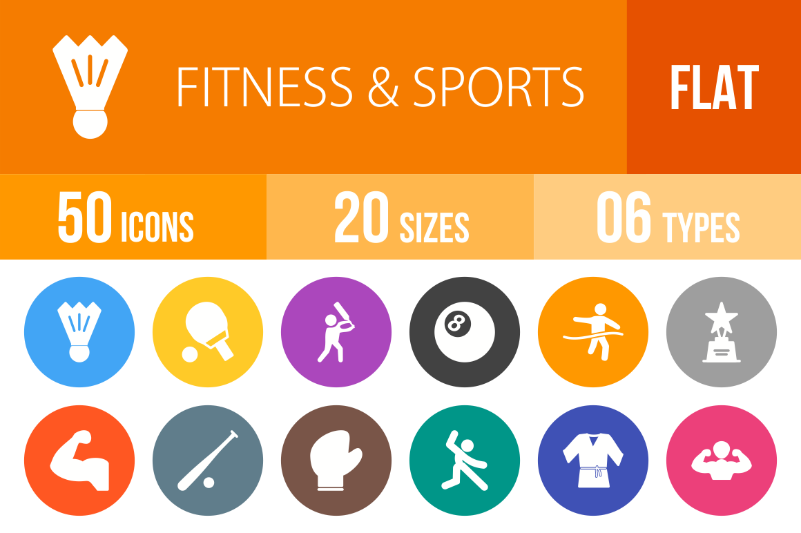 50 Fitness & Sports Flat Round Icons - Overview - IconBunny