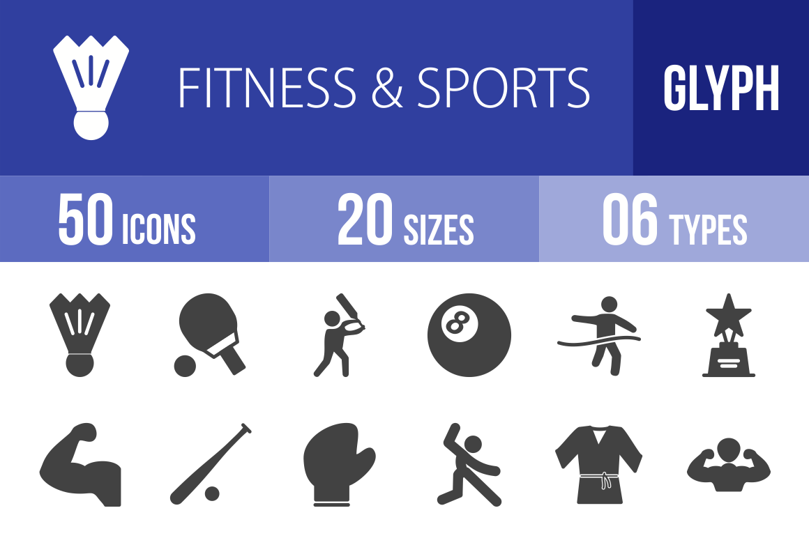 50 Fitness & Sports Glyph Icons - Overview - IconBunny