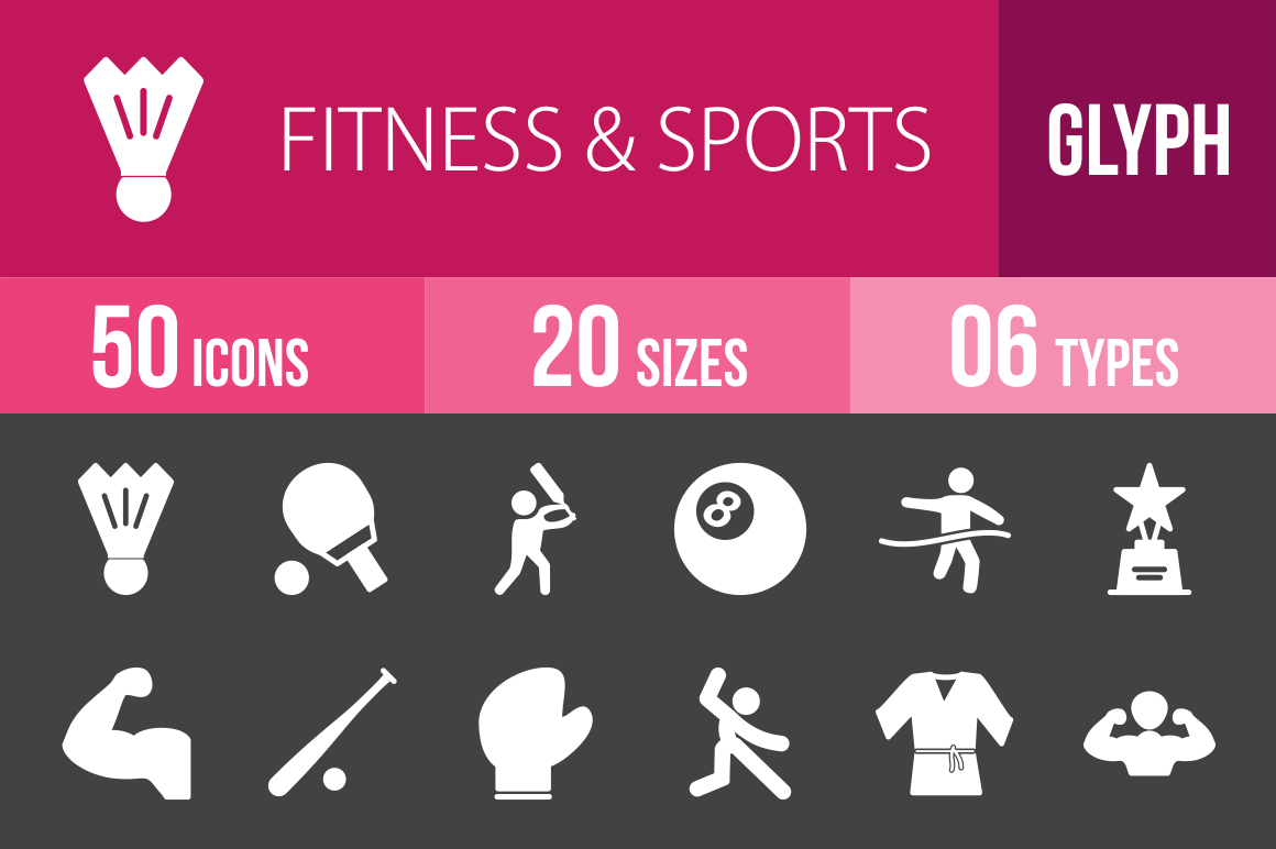 50 Fitness & Sports Glyph Inverted Icons - Overview - IconBunny