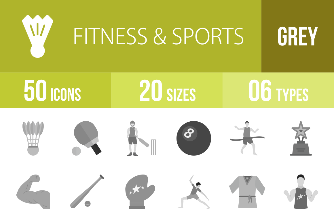 50 Fitness & Sports Greyscale Icons - Overview - IconBunny