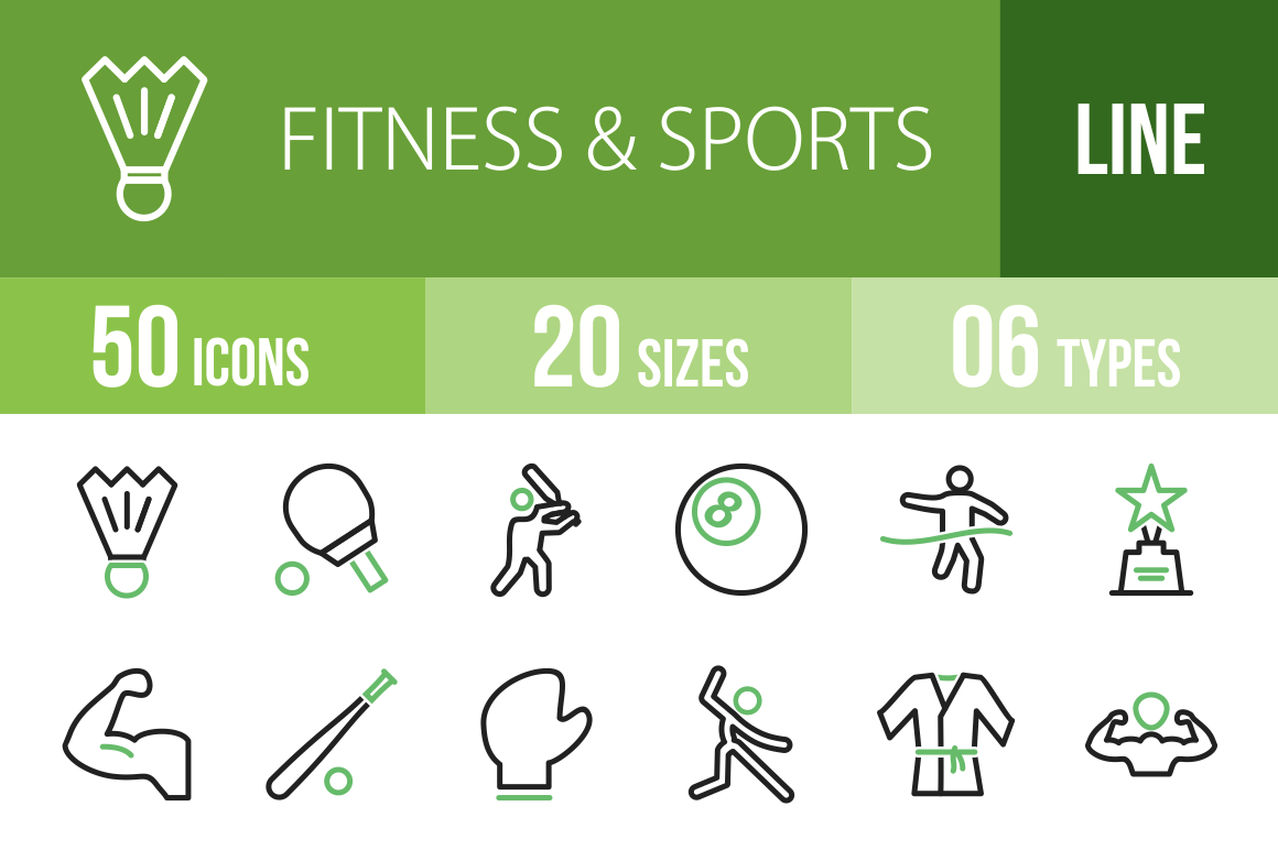 50 Fitness & Sports Line Green & Black Icons - Overview - IconBunny
