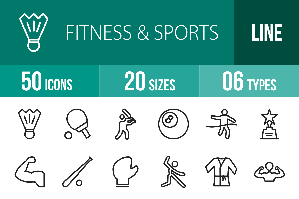 50 Fitness & Sports Line Icons - Overview - IconBunny