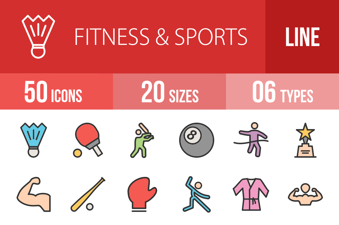 50 Fitness & Sports Line Multicolor Filled Icons - Overview - IconBunny