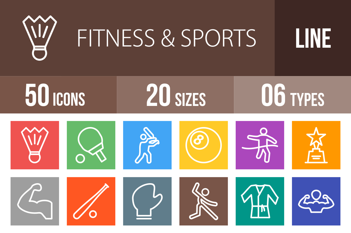 50 Fitness & Sports Line Multicolor B/G Icons - Overview - IconBunny