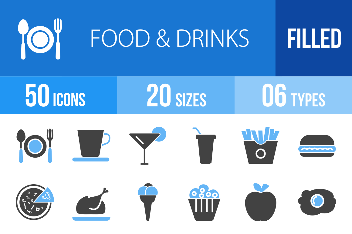 50 Food & Drinks Blue & Black Icons - Overview - IconBunny