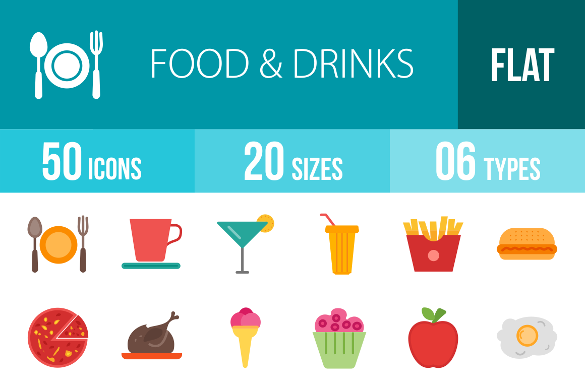 50 Food & Drinks Flat Multicolor Icons - Overview - IconBunny