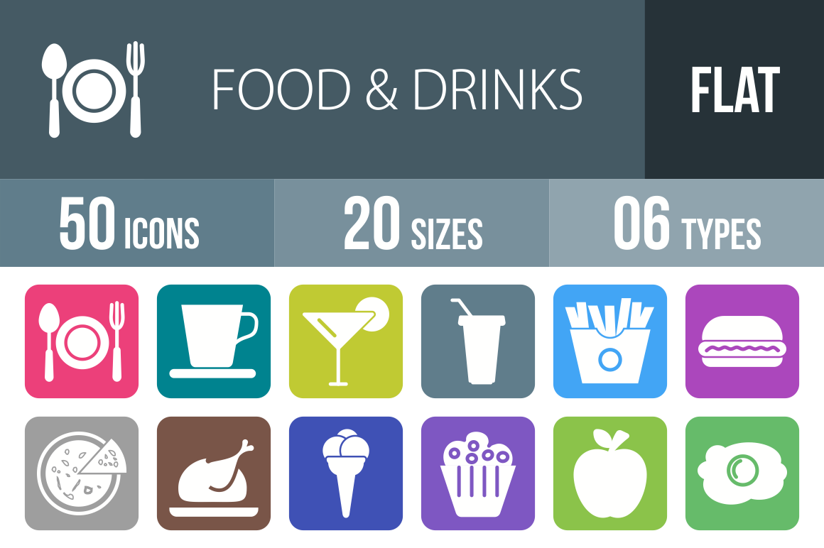 50 Food & Drinks Flat Round Corner Icons - Overview - IconBunny