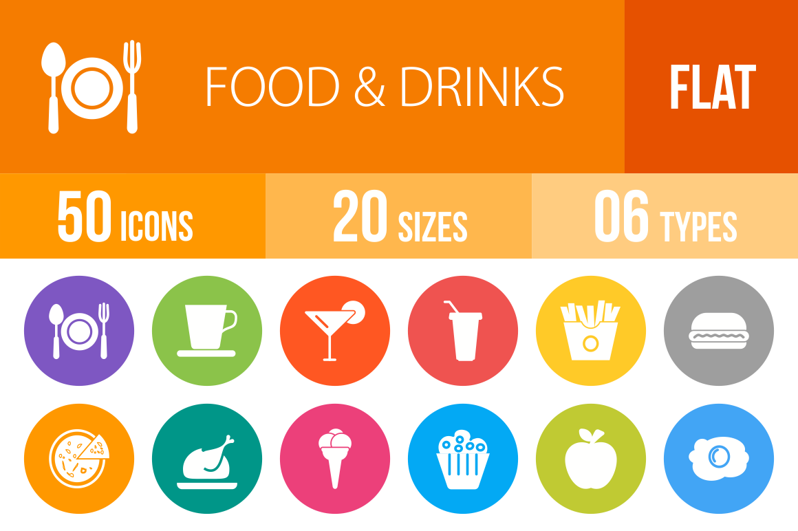 50 Food & Drinks Flat Round Icons - Overview - IconBunny