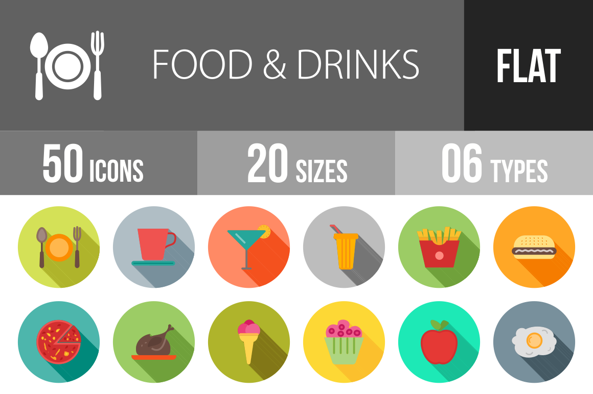 50 Food & Drinks Flat Shadowed Icons - Overview - IconBunny