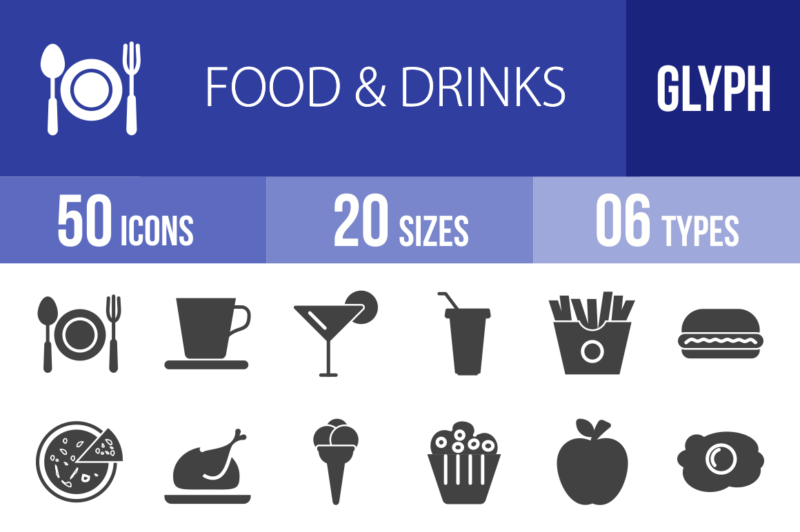 50 Food & Drinks Glyph Icons - Overview - IconBunny