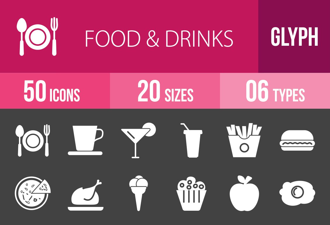 50 Food & Drinks Glyph Inverted Icons - Overview - IconBunny