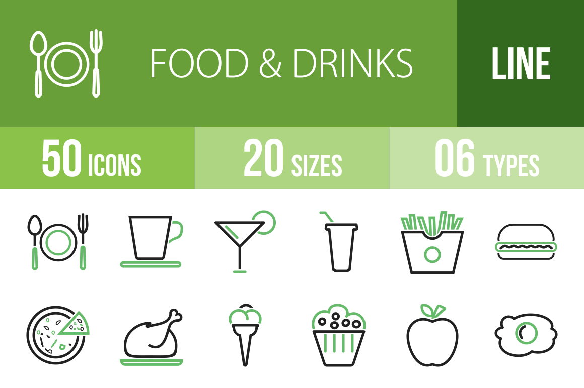 50 Food & Drinks Line Green & Black Icons - Overview - IconBunny