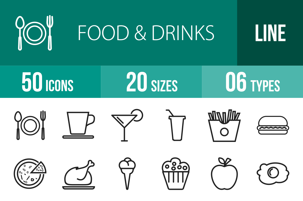 50 Food & Drinks Line Icons - Overview - IconBunny