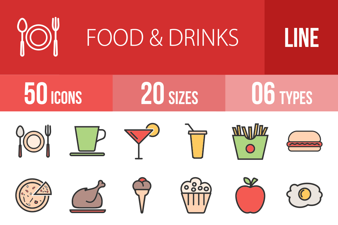 50 Food & Drinks Line Multicolor Filled Icons - Overview - IconBunny