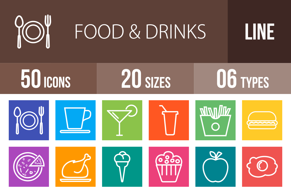 50 Food & Drinks Line Multicolor B/G Icons - Overview - IconBunny